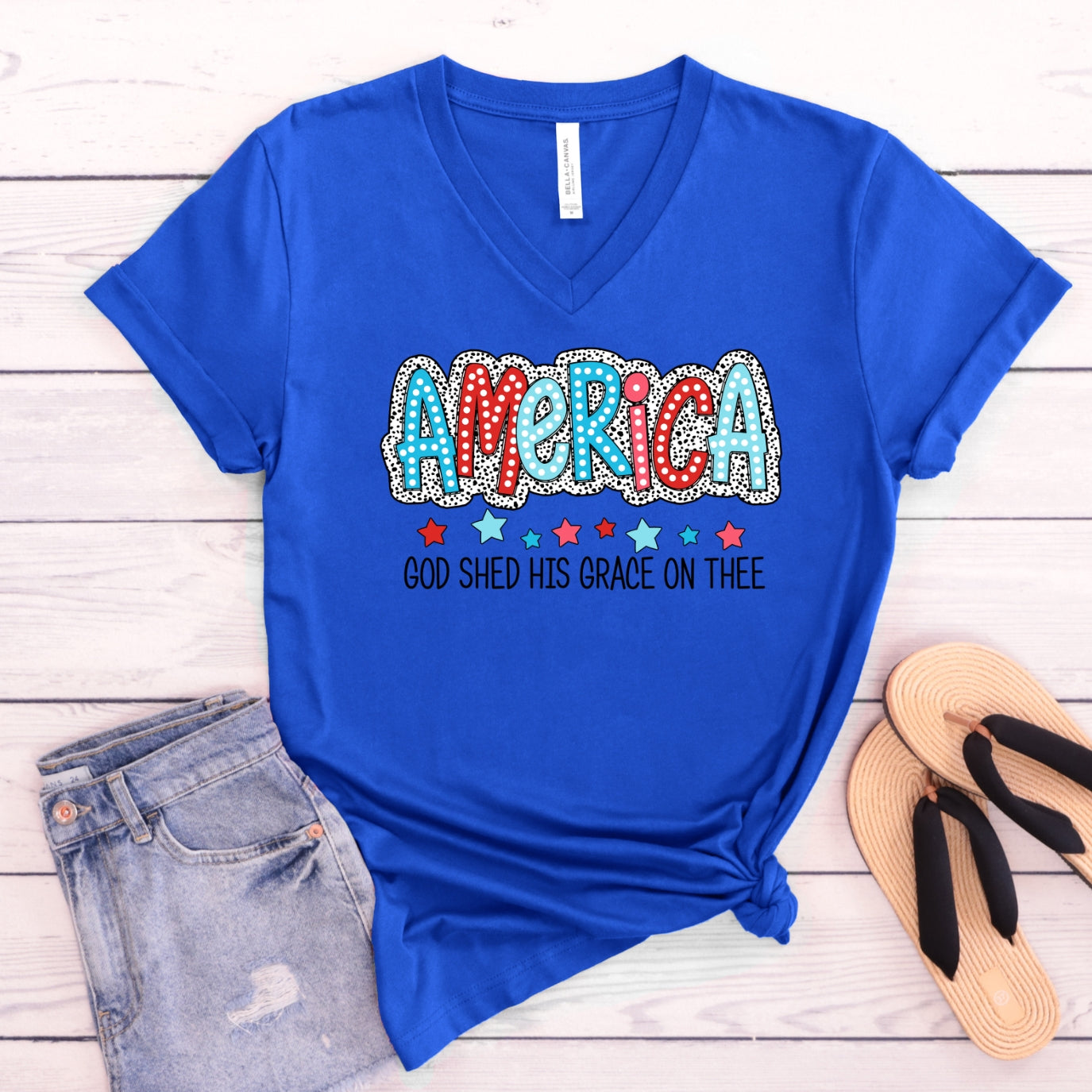 America God Shed His Light On Thee Women's V-Neck Shirt